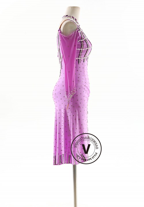 Lavender Color with Pearl Beading Latin Rhythm Competition Dance Dress