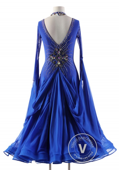 Blue Dress Decorated Ballroom Smooth Competition Dance Dress