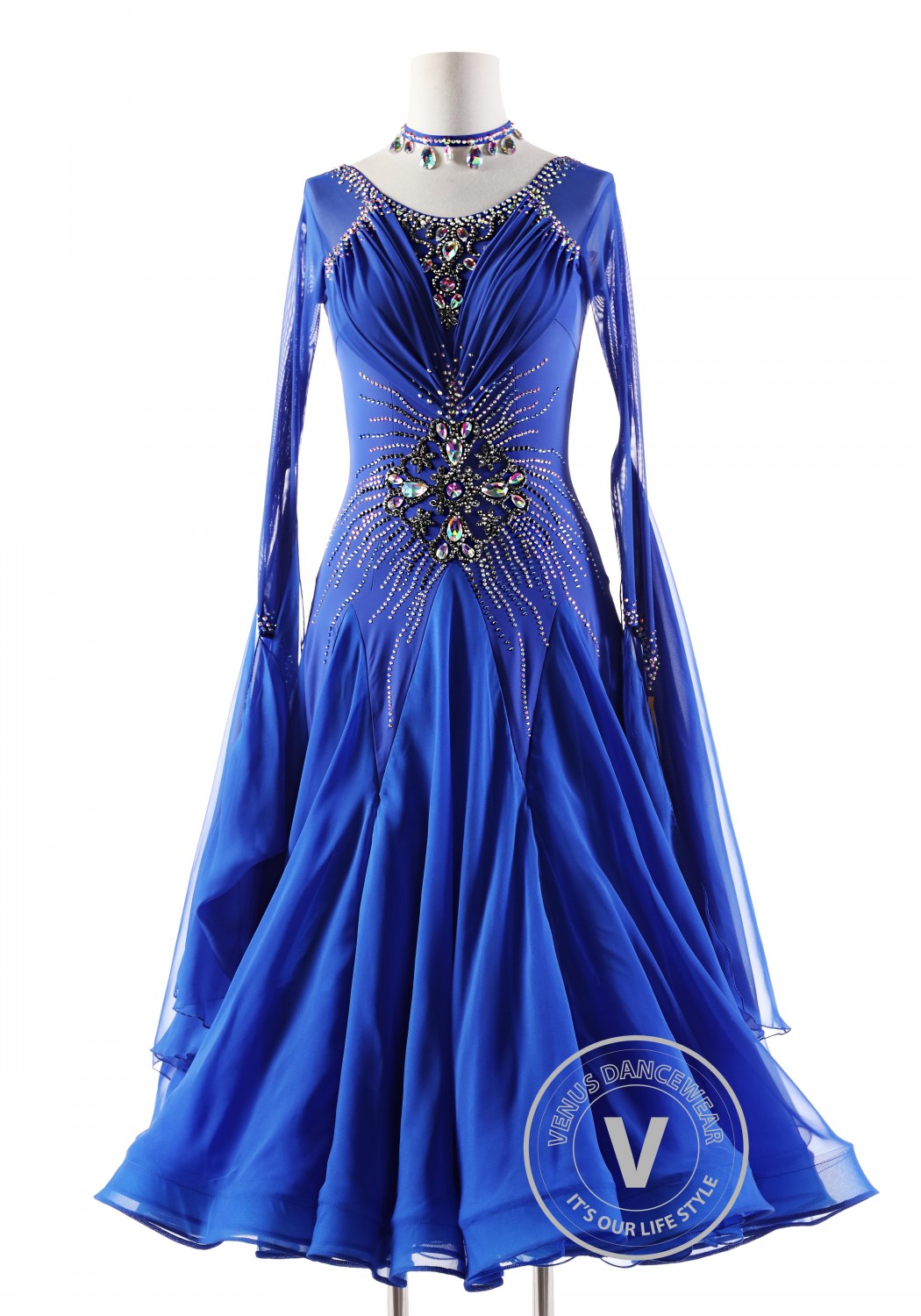 Blue Dress Decorated Ballroom Smooth Competition Dance Dress