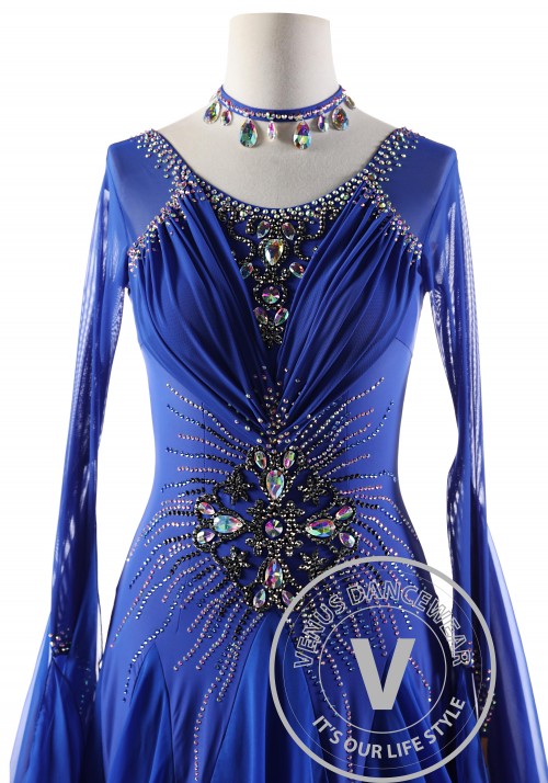 Blue Dress Decorated Ballroom Smooth Competition Dance Dress