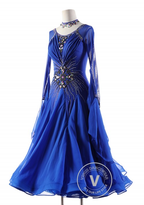 Blue Dress Decorated Ballroom Smooth Competition Dance Dress