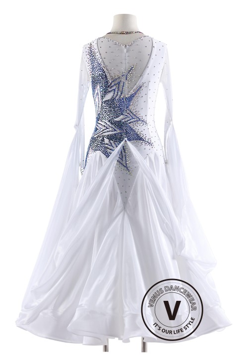 White Dress with Blue Floral Pattern Pearl Silk Ballroom Smooth Competition Dance Dress