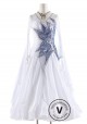 White Dress with Blue Floral Pattern Pearl Silk Ballroom Smooth Competition Dance Dress