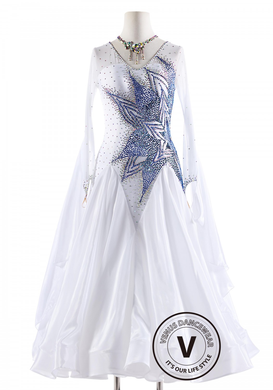 White Dress with Blue Floral Pattern Pearl Silk Ballroom Smooth Competition Dance Dress