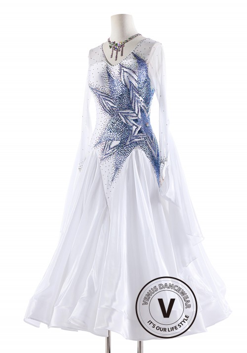 White Dress with Blue Floral Pattern Pearl Silk Ballroom Smooth Competition Dance Dress