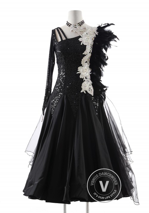 Black Sequin Fabric with Feather Competition Dance Dress