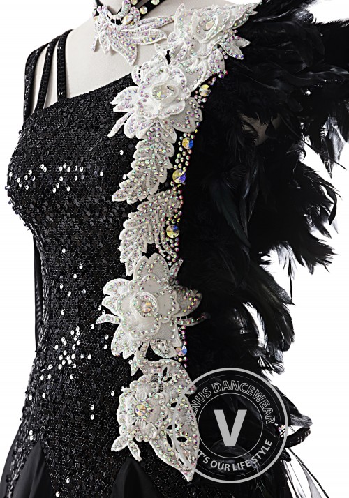 Black Sequin Fabric with Feather Competition Dance Dress