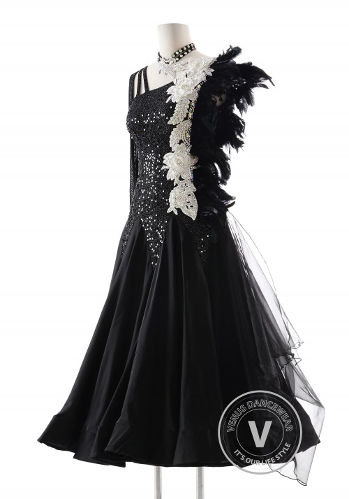 Black Sequin Fabric with Feather Competition Dance Dress