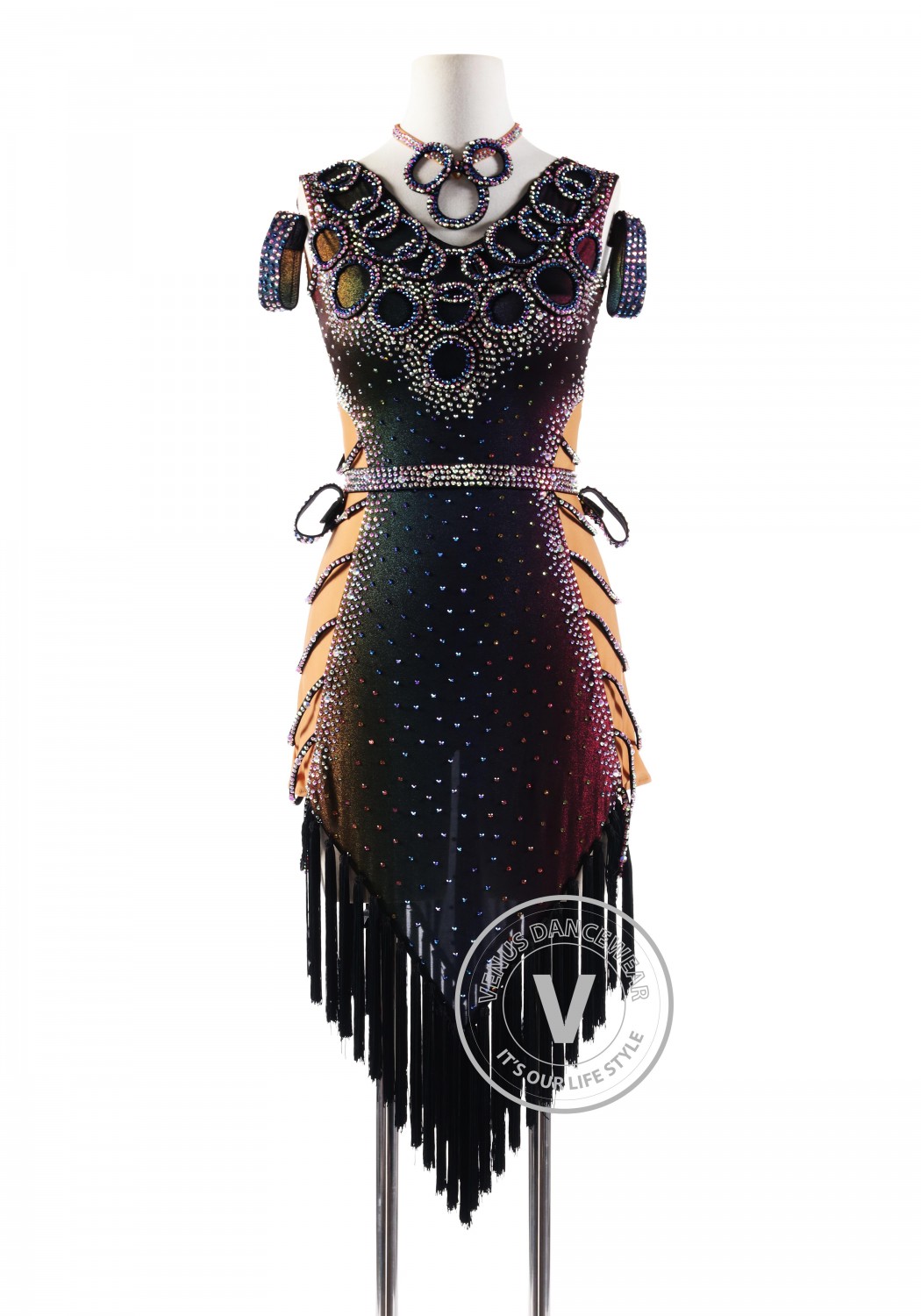 Radiant Black Dress with Black Tessel Fringe Latin Rhythm Competition Dance Dress