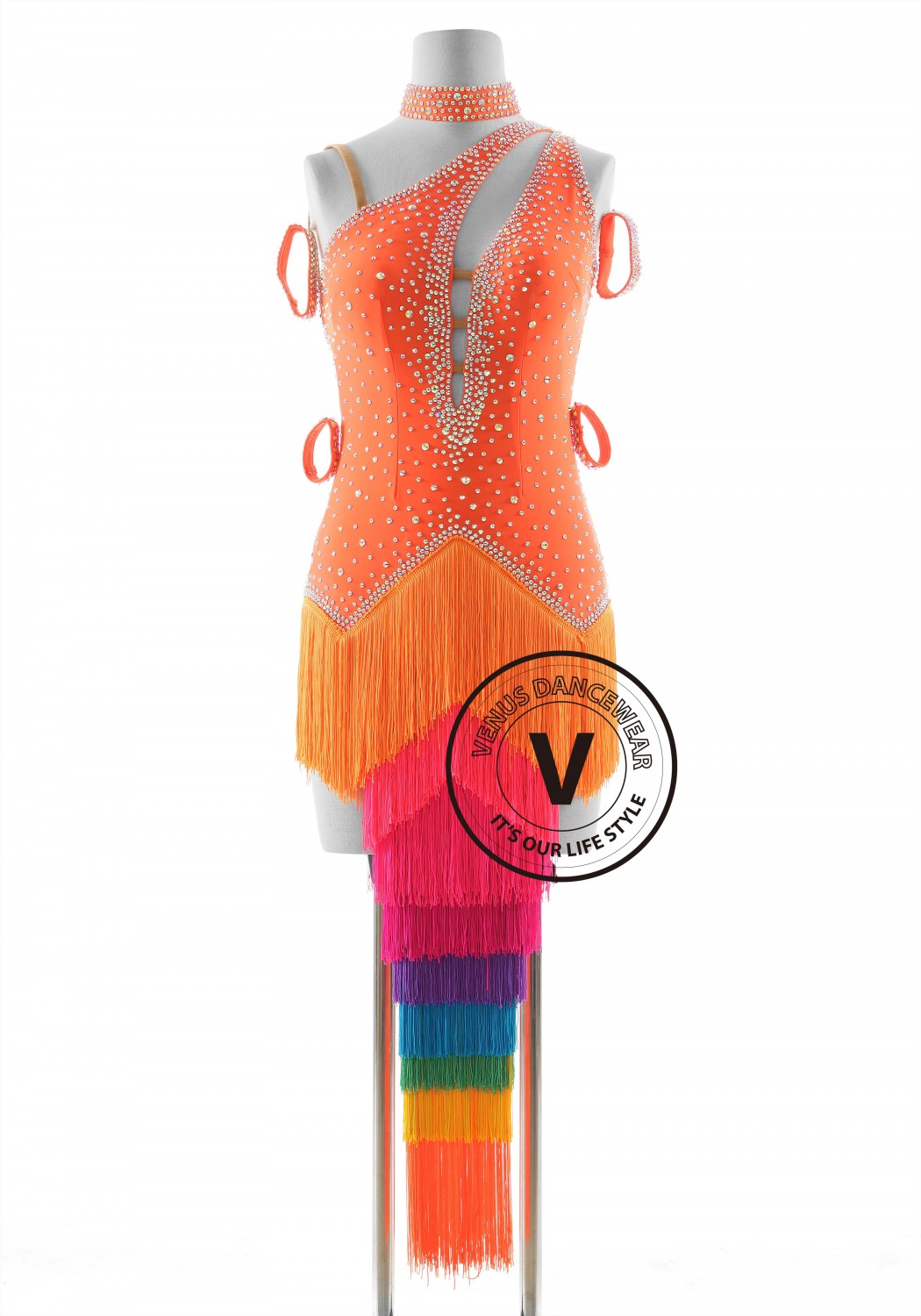 Orange Dress with Colorful Fringe Latin Rhythm Competition Dance Dress