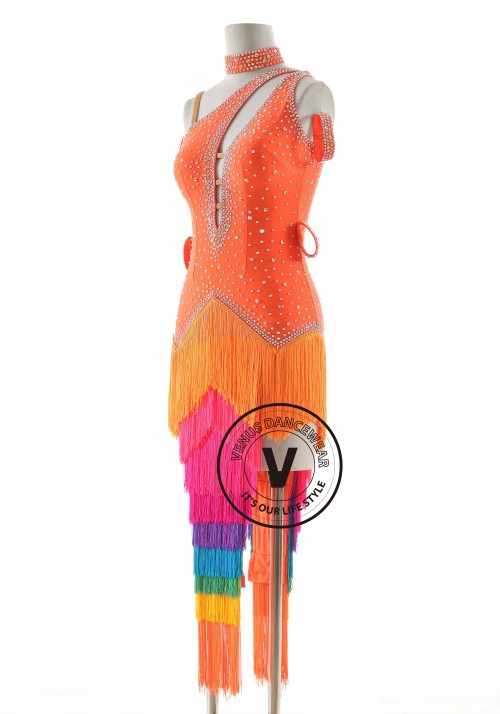 Orange Dress with Colorful Fringe Latin Rhythm Competition Dance Dress