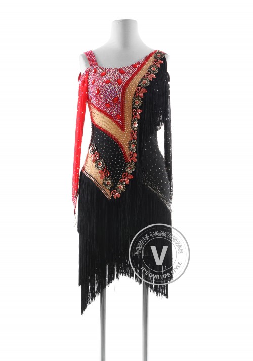 Black and red Rose with Fringe Latin Rhythm Competition Dance Dress