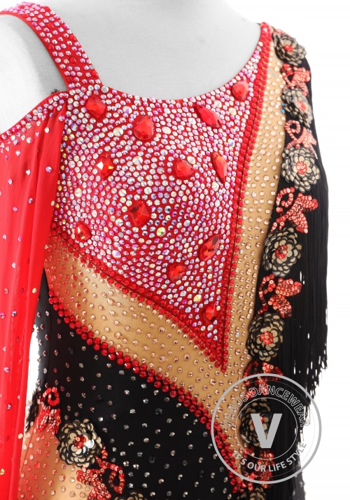 Black and red Rose with Fringe Latin Rhythm Competition Dance Dress