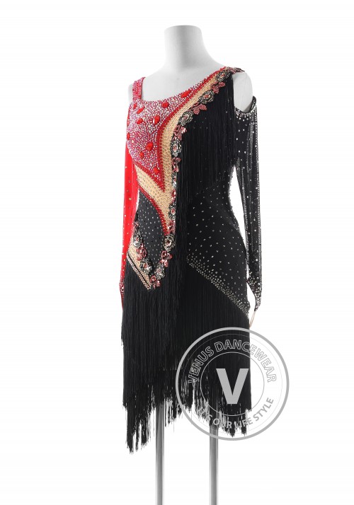 Black and red Rose with Fringe Latin Rhythm Competition Dance Dress