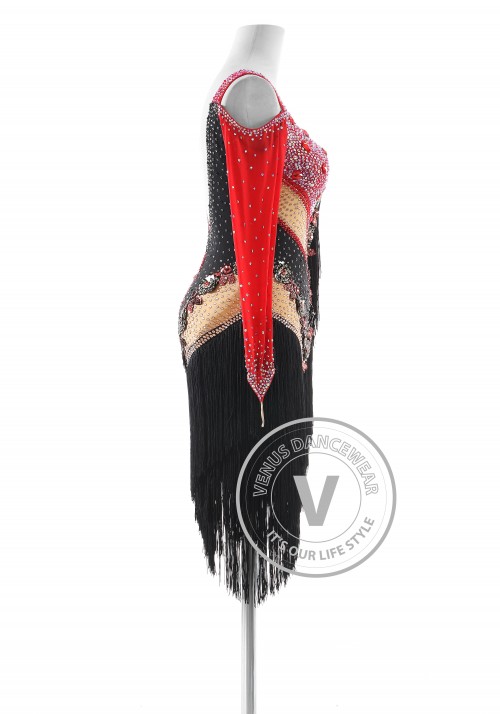 Black and red Rose with Fringe Latin Rhythm Competition Dance Dress