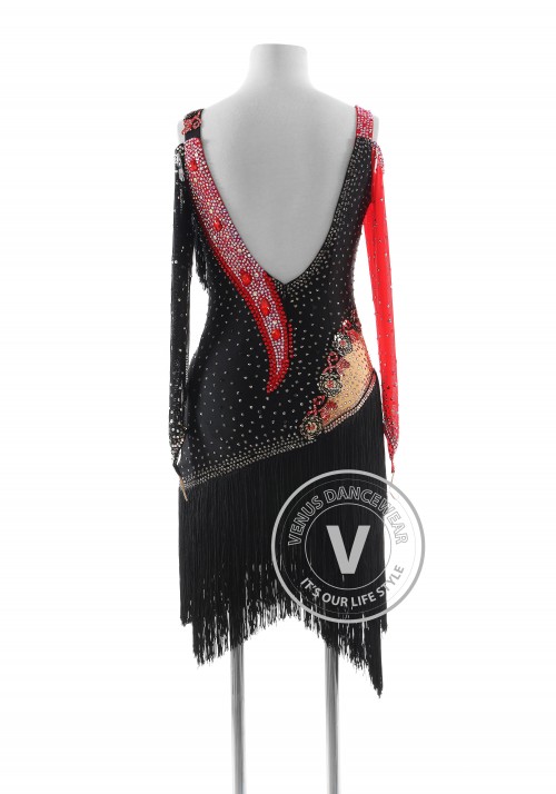 Black and red Rose with Fringe Latin Rhythm Competition Dance Dress