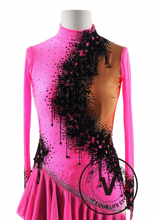 Midnight Fuchsia with High Neckline Latin Rhythm Competition Dance Dress