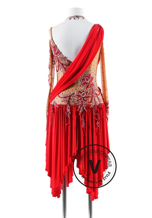 Red color Asymmetric Neckline Latin Rhythm Competition Dance Dress