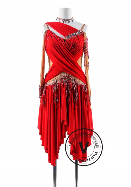 Red color Asymmetric Neckline Latin Rhythm Competition Dance Dress
