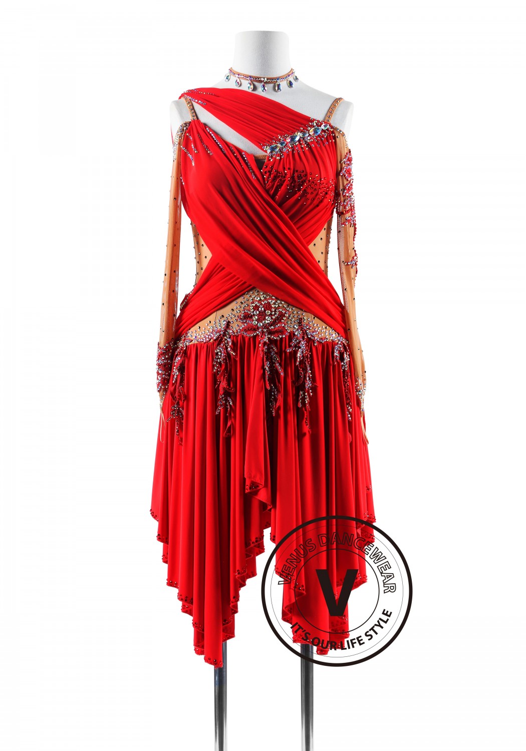 Red color Asymmetric Neckline Latin Rhythm Competition Dance Dress