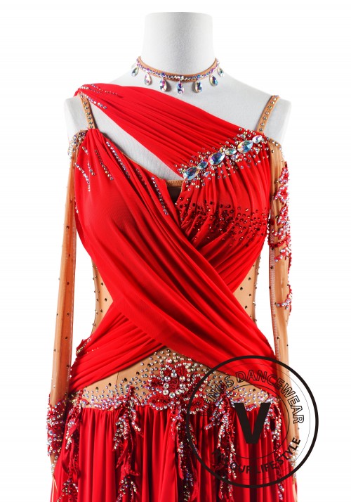 Red color Asymmetric Neckline Latin Rhythm Competition Dance Dress