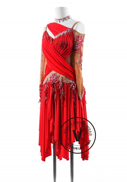 Red color Asymmetric Neckline Latin Rhythm Competition Dance Dress