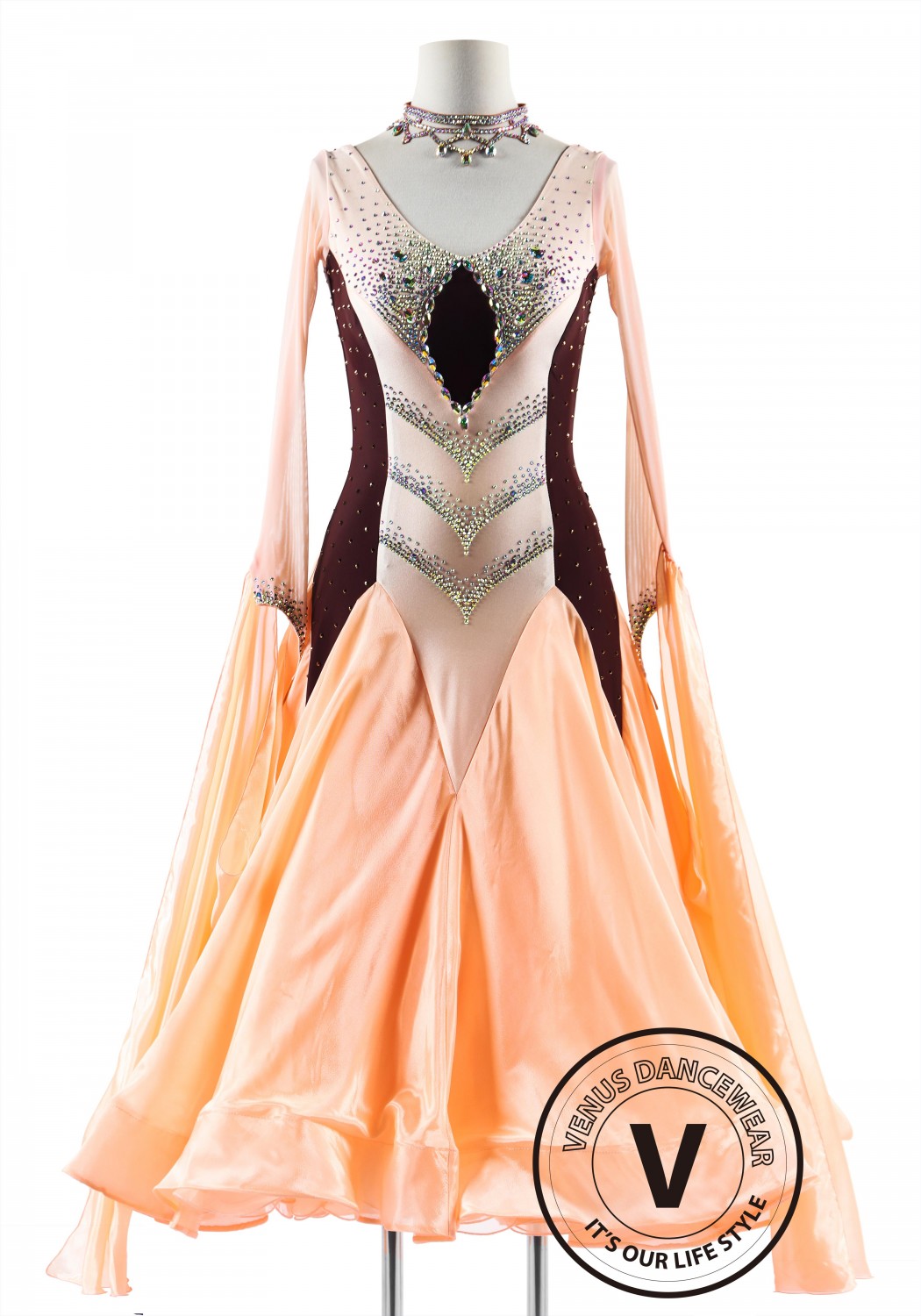 Peach Truffle dress with Pearl Silk Skirt Ballroom Smooth Competition Dance Dress