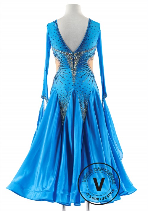 Sparkling Azure Dress with Pearl Silk Skirt Ballroom Smooth Competition Dance Dress