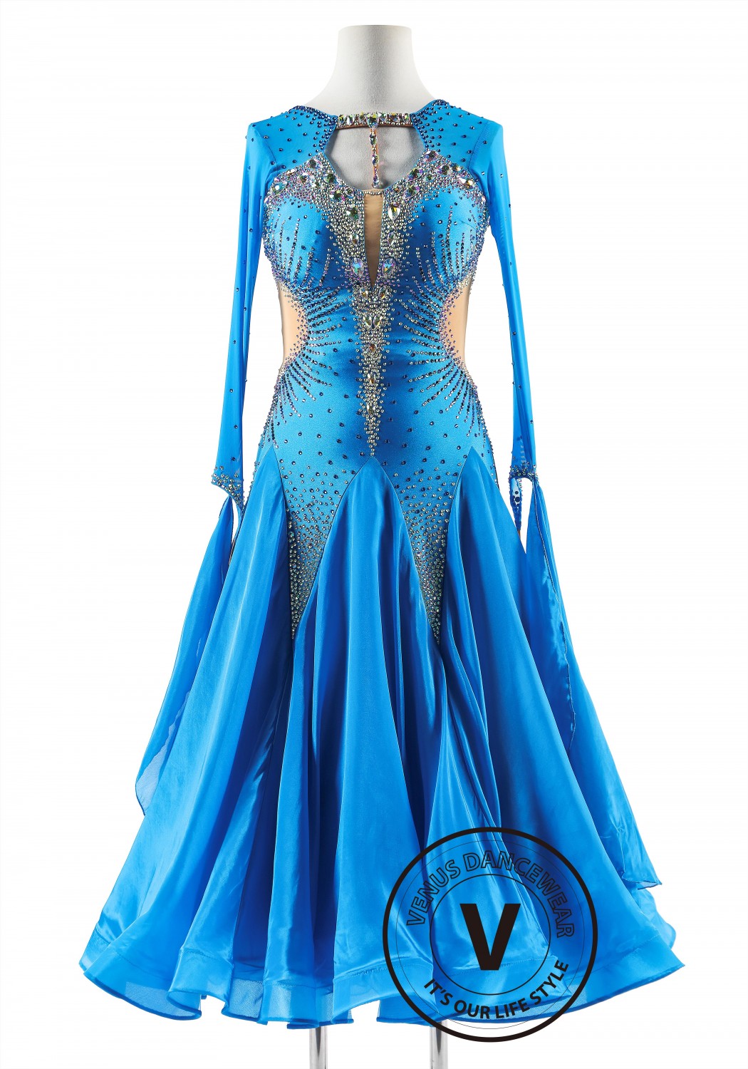 Sparkling Azure Dress with Pearl Silk Skirt Ballroom Smooth Competition Dance Dress