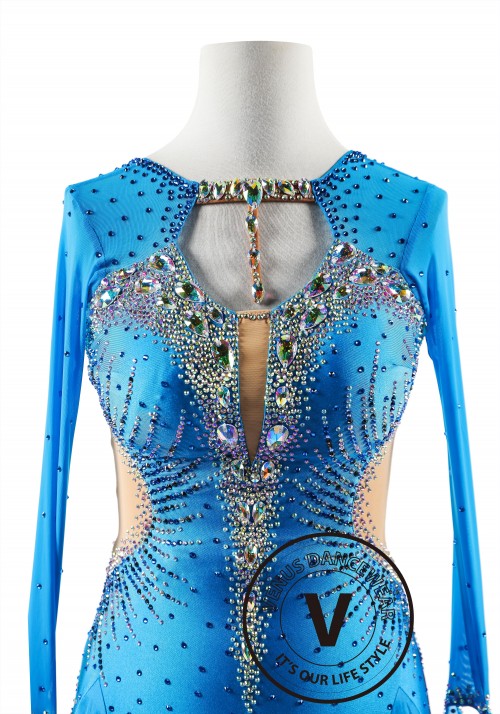 Sparkling Azure Dress with Pearl Silk Skirt Ballroom Smooth Competition Dance Dress