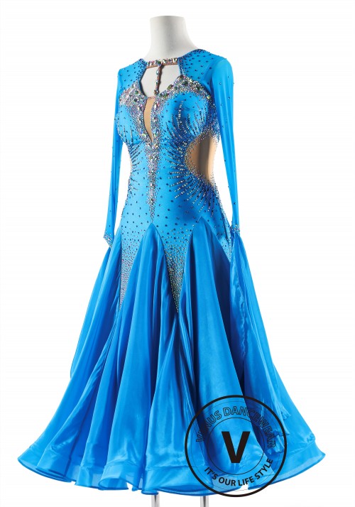 Sparkling Azure Dress with Pearl Silk Skirt Ballroom Smooth Competition Dance Dress