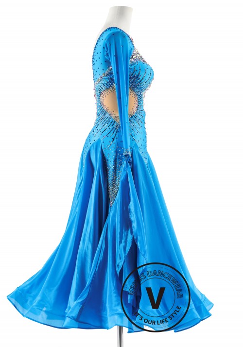 Sparkling Azure Dress with Pearl Silk Skirt Ballroom Smooth Competition Dance Dress