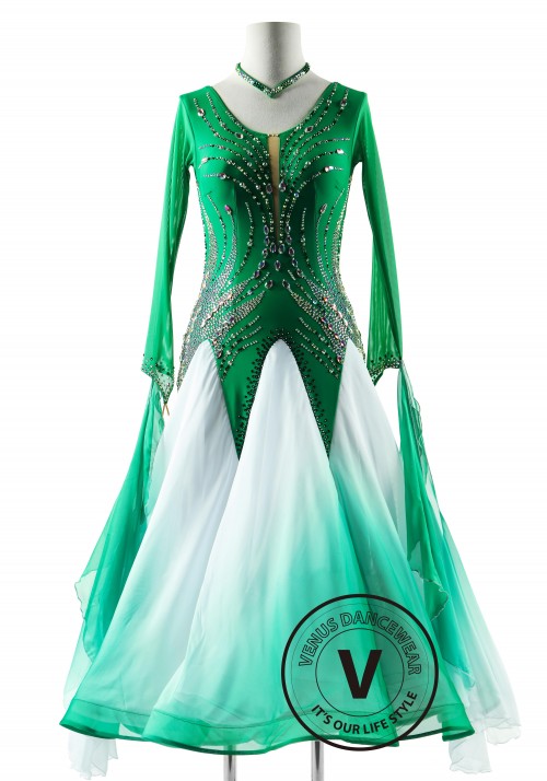 Emerald Cascade Dress with Shading Skirt Ballroom Smooth Competition Dance Dress