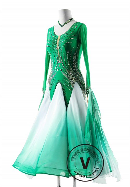 Emerald Cascade Dress with Shading Skirt Ballroom Smooth Competition Dance Dress