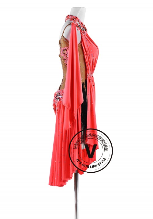 Hot Coral Latin Tango Rumba Rhythm Dancing Dress