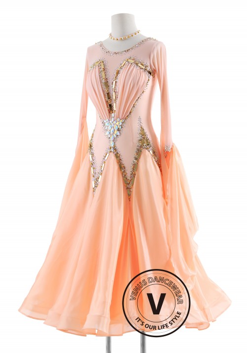 Peach D'Oré Dress with Pearl Silk Skirt Ballroom Smooth Competition Dance Dress