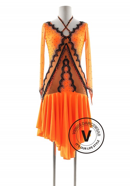 Rhythm Noir The Dark Orange and Black Stunner Latin Rhythm Competition Dance Dress