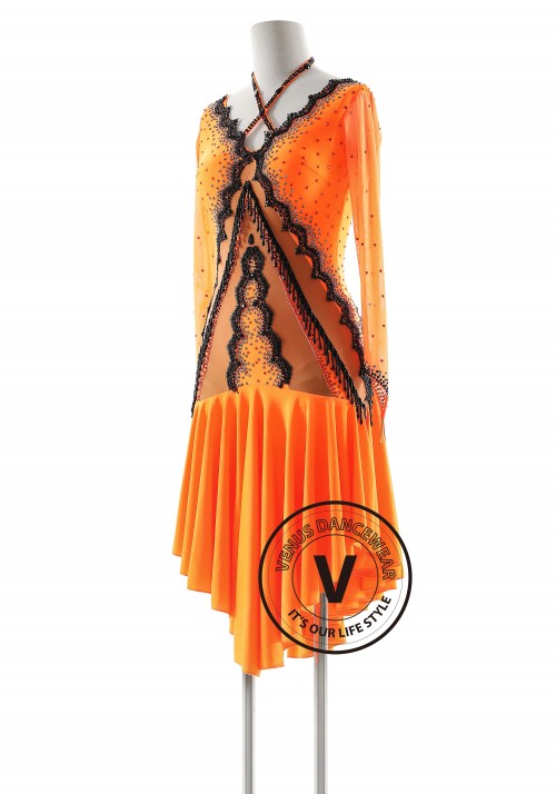 Rhythm Noir The Dark Orange and Black Stunner Latin Rhythm Competition Dance Dress