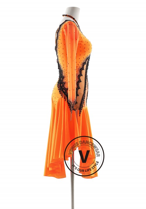 Rhythm Noir The Dark Orange and Black Stunner Latin Rhythm Competition Dance Dress