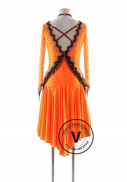 Rhythm Noir The Dark Orange and Black Stunner Latin Rhythm Competition Dance Dress