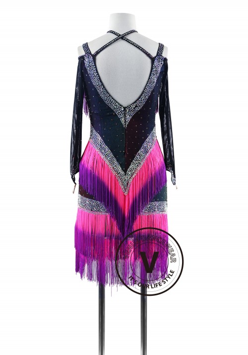 Iridescent Lycra Shading Magenta Fringe Latin Rhythm Competition Dance Dress