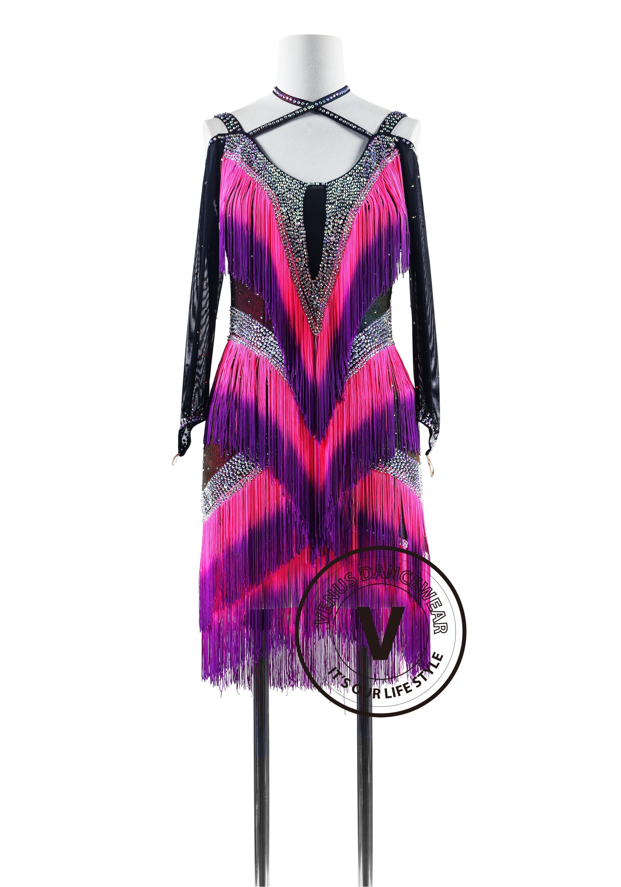 Iridescent Lycra Shading Magenta Fringe Latin Rhythm Competition Dance Dress