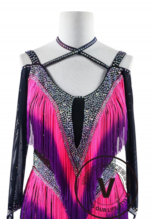 Iridescent Lycra Shading Magenta Fringe Latin Rhythm Competition Dance Dress