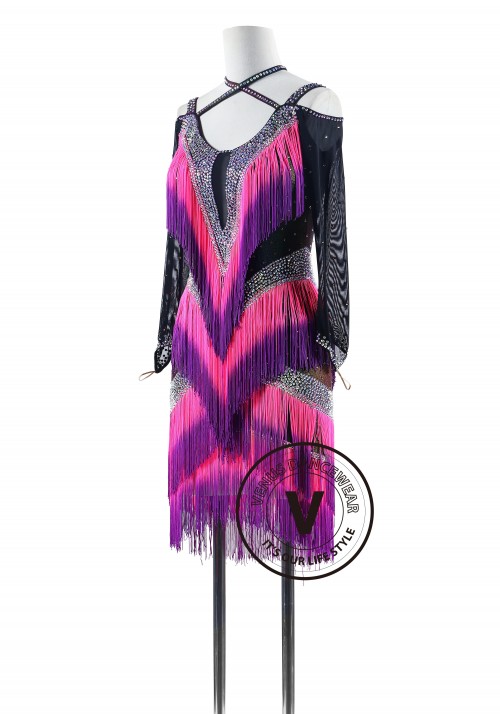 Iridescent Lycra Shading Magenta Fringe Latin Rhythm Competition Dance Dress