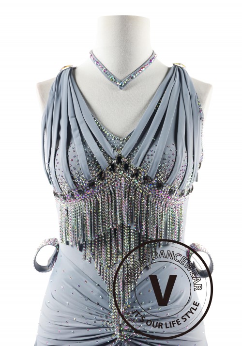 Silver Swirl with beads fringe Latin Rhythm Competition Dance Dress