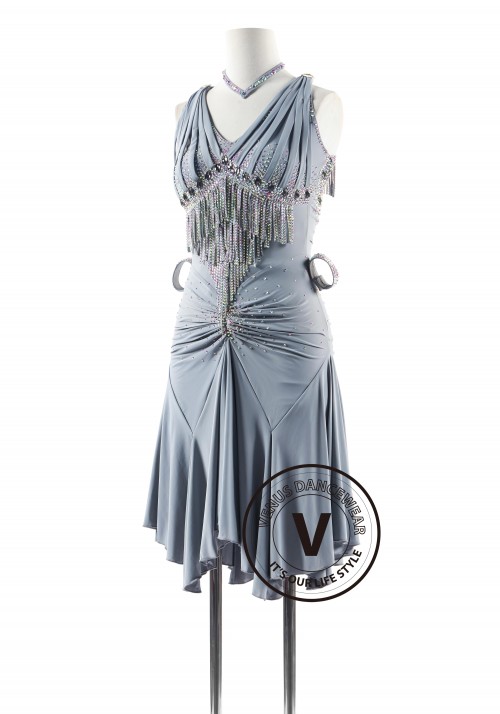 Silver Swirl with beads fringe Latin Rhythm Competition Dance Dress