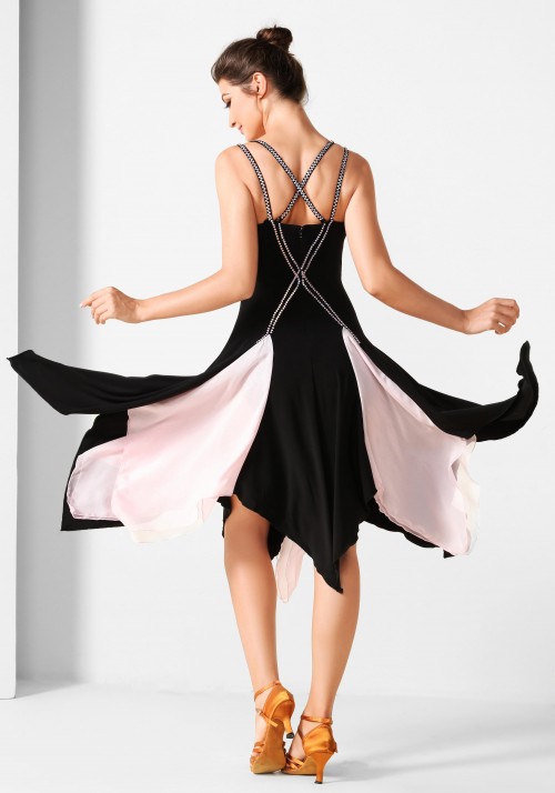 Black and Baby Pink  Latin Rhythm Crepe Ruffle Practice Dance Dress