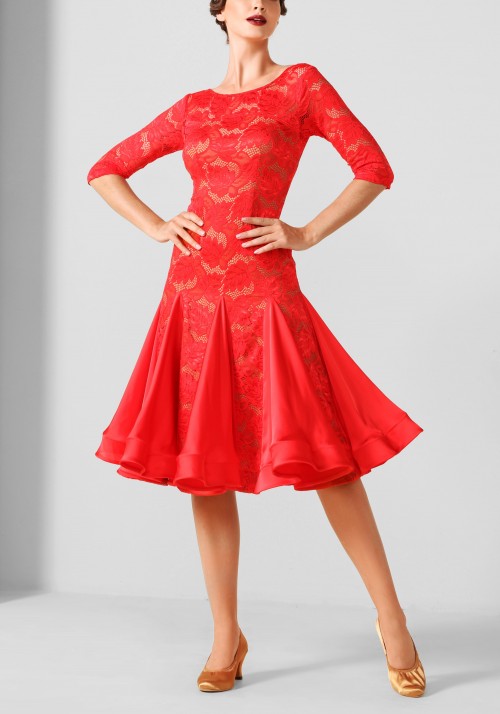 Red Lace Latin Rhythm Crepe Ruffle Practice Dance Dress