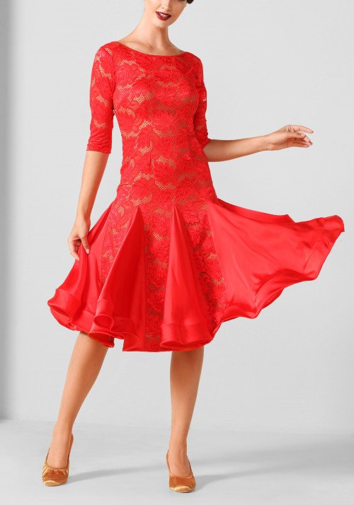Red Lace Latin Rhythm Crepe Ruffle Practice Dance Dress