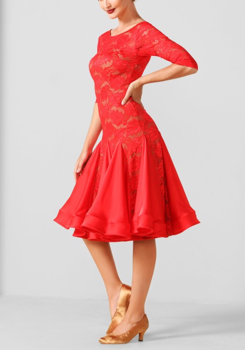 Red Lace Latin Rhythm Crepe Ruffle Practice Dance Dress